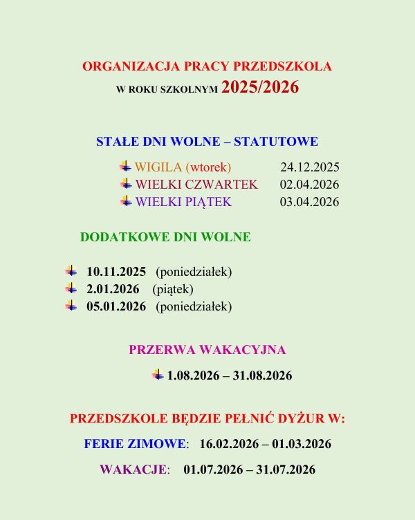 ORGANIZACJA PRACY PRZEDSZKOLA